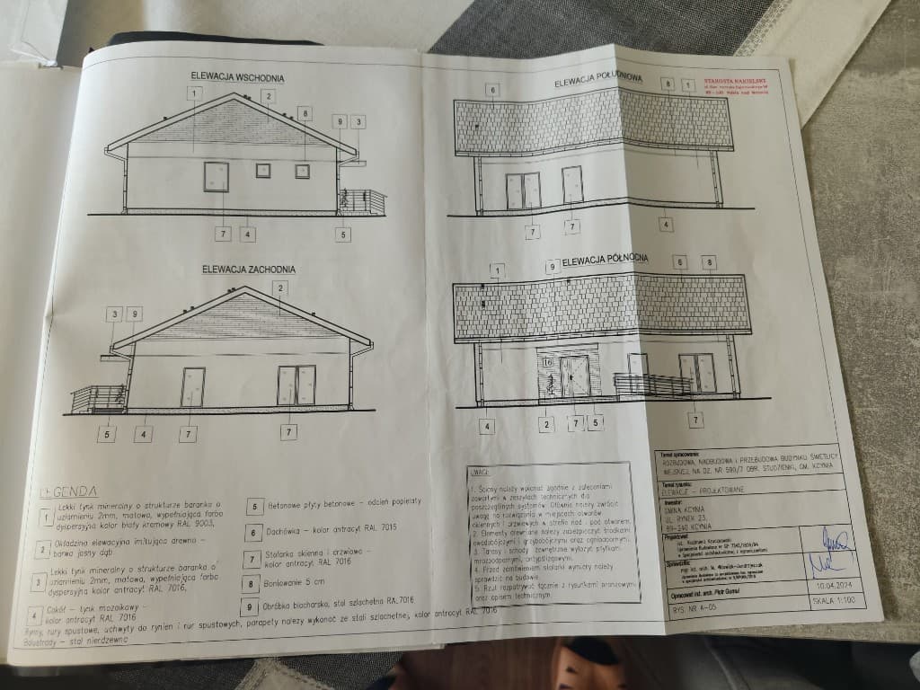 Cztery elewacje projektowanej świetlicy w Studzienkach z legendą materiałów i kolorów